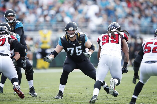 JACKSONVILLE, FL - DECEMBER 20: Luke Joeckel #76 of the Jacksonville Jaguars blocks against the Atlanta Falcons during the game at EverBank Field on December 20, 2015 in Jacksonville, Florida. The Falcons defeated the Jaguars 23-17. (Photo by Joe Robbins/Getty Images)