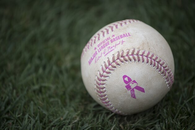 ANAHEIM, CA - MAY 8: A detailed view of a MLB branded baseball with pink logos and laces to celebrate mother's day and support breast cancer awareness seen before the game between the Tampa Bay Rays and the Los Angeles Angels of Anaheim at Angel Stadium of Anaheim on May 8, 2016 in Anaheim, California. (Photo by Matt Brown/Angels Baseball LP/Getty Images)