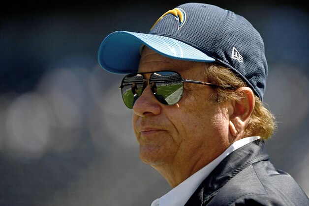 SAN DIEGO, CA - SEPTEMBER 18:  Dean Spanos, owner of the San Diego Chargers, looks on from the sidelines against the Jacksonville Jaguars during the first half of  a game at Qualcomm Stadium on September 18, 2016 in San Diego, California. (Photo by Donald Miralle/Getty Images)