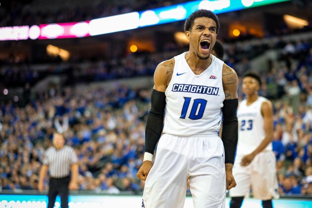 OMAHA, NEBRASKA-DECEMBER 28: Maurice Watson Jr. #10 of the Creighton Bluejays reacts after a foul call during their game against the Seton Hall Pirates at the CenturyLink Center on December 28, 2016 in Omaha, Nebraska. (Photo by Eric Francis/Getty Images)