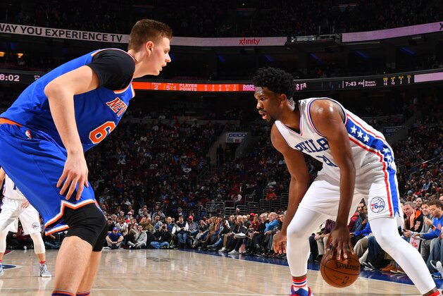 PHILADELPHIA, PA - JANUARY 11:  Joel Embiid #21 of the Philadelphia 76ers handles the ball against the New York Knicks on January 11, 2017 in Philadelphia, Pennsylvania NOTE TO USER: User expressly acknowledges and agrees that, by downloading and/or using this Photograph, user is consenting to the terms and conditions of the Getty Images License Agreement. Mandatory Copyright Notice: Copyright 2017 NBAE (Photo by Jesse D. Garrabrant/NBAE via Getty Images)