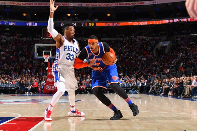 PHILADELPHIA, PA - JANUARY 11:  Carmelo Anthony #7 of the New York Knicks handles the ball against the Philadelphia 76ers on January 11, 2017 in Philadelphia, Pennsylvania NOTE TO USER: User expressly acknowledges and agrees that, by downloading and/or using this Photograph, user is consenting to the terms and conditions of the Getty Images License Agreement. Mandatory Copyright Notice: Copyright 2017 NBAE (Photo by Jesse D. Garrabrant/NBAE via Getty Images)