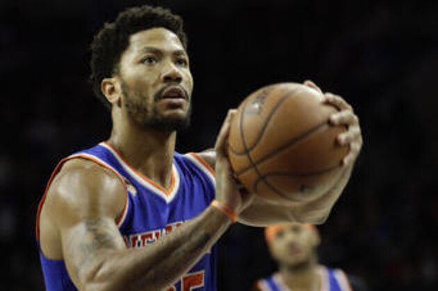 New York Knicks' Derrick Rose in action during an NBA basketball game against the Philadelphia 76ers, Wednesday, Jan. 11, 2017, in Philadelphia. (AP Photo/Matt Slocum)