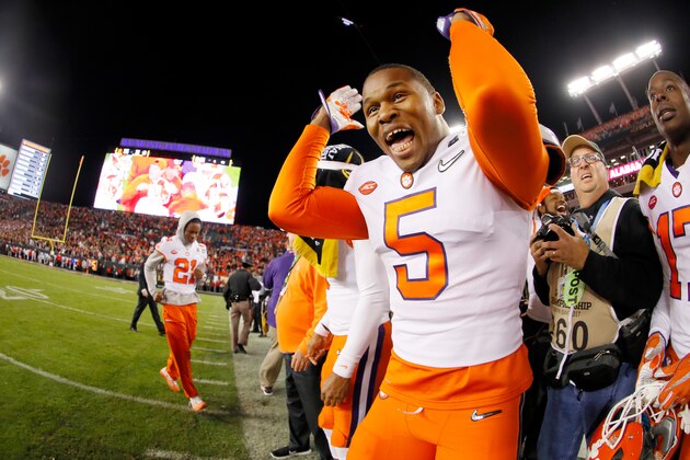 TAMPA, FL - JANUARY 09:  Linebacker Shaq Smith #5 of the Clemson Tigers celebrates after quarterback Deshaun Watson #4 (not pictured) threw a 2-yard game-winning touchdown pass to wide receiver Hunter Renfrow #13 (not pictured) during the fourth quarter against the Alabama Crimson Tide to win the 2017 College Football Playoff National Championship Game 35-31 at Raymond James Stadium on January 9, 2017 in Tampa, Florida.  (Photo by Kevin C. Cox/Getty Images)