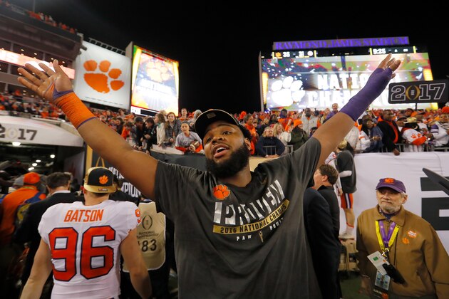 TAMPA, FL - JANUARY 09: Defensive tackle Carlos Watkins #42 of the Clemson Tigers celebrates after defeating the Alabama Crimson Tide 35-31 to win the 2017 College Football Playoff National Championship Game at Raymond James Stadium on January 9, 2017 in Tampa, Florida. (Photo by Kevin C. Cox/Getty Images) TAMPA, FL - JANUARY 09: Defensive tackle Carlos Watkins #42 of the Clemson Tigers celebrates after defeating the Alabama Crimson Tide 35-31 to win the 2017 College Football Playoff National Championship Game at Raymond James Stadium on January 9, 2017 in Tampa, Florida. (Photo by Kevin C. Cox/Getty Images)