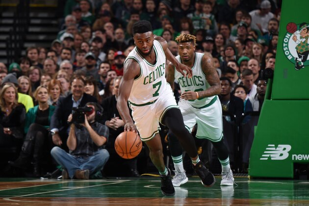 BOSTON, MA - JANUARY 6:  Jaylen Brown #7 of the Boston Celtics handles the ball during a game against the Philadelphia 76ers on January 6, 2017 at TD Garden in Boston, Massachusetts.  NOTE TO USER: User expressly acknowledges and agrees that, by downloading and/or using this photograph, user is consenting to the terms and conditions of the Getty Images License Agreement. Mandatory Copyright Notice: Copyright 2017 NBAE (Photo by Brian Babineau/NBAE via Getty Images)