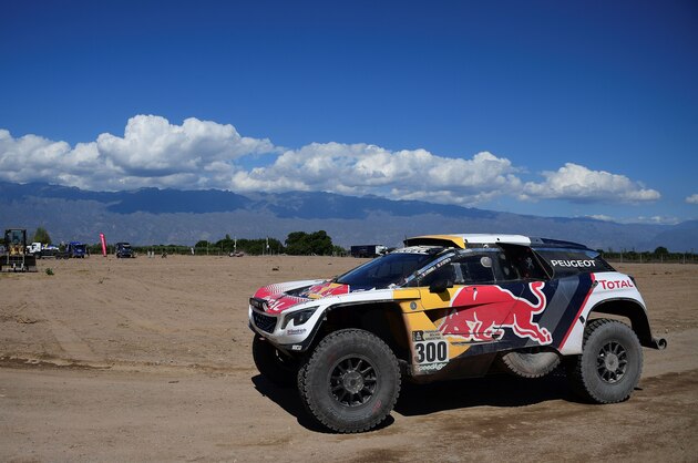 Peugeot's French pilot Stephane Peterhansel and co-driver Jean Paul Cottret arrive in the bivouac in Chilecito, Argentina, on January 11, 2017.
A massive mudslide in northwestern Argentina that killed two people and forced more than 1,000 to evacuate has led Dakar Rally organizers to scrap today's ninth stage. / AFP / Franck FIFE        (Photo credit should read FRANCK FIFE/AFP/Getty Images)
