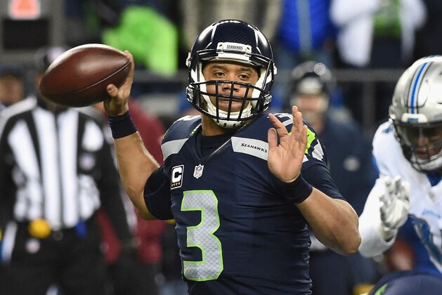 SEATTLE, WA - JANUARY 07:  Russell Wilson #3 of the Seattle Seahawks looks to pass the ball during the first half against the Detroit Lions in the NFC Wild Card game at CenturyLink Field on January 7, 2017 in Seattle, Washington.  (Photo by Steve Dykes/Getty Images)