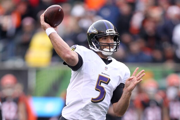 CINCINNATI, OH - JANUARY 1:  Joe Flacco #5 of the Baltimore Ravens throws a pass during the third quarter of the game against the Cincinnati Bengals at Paul Brown Stadium on January 1, 2017 in Cincinnati, Ohio. (Photo by John Grieshop/Getty Images)