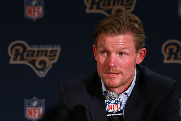 LOS ANGELES, CA - APRIL 29:  General Manager Les Snead of the Los Angeles Rams speaks onstage during the press conference to introduce Jared Goff, the Los Angeles Rams' first pick and first overall pick of the 2016 NFL Draft, on April 29, 2016 in Los Angeles, California.  (Photo by Victor Decolongon/Getty Images)