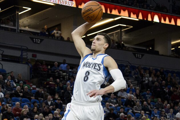 MINNEAPOLIS, MN - JANUARY 07: Zach LaVine #8 of the Minnesota Timberwolves shoots the ball against the Utah Jazz during the game on January 7, 2017 at the Target Center in Minneapolis, Minnesota. NOTE TO USER: User expressly acknowledges and agrees that, by downloading and or using this Photograph, user is consenting to the terms and conditions of the Getty Images License Agreement. (Photo by Hannah Foslien/Getty Images)