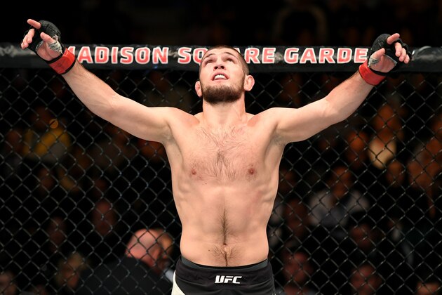 NEW YORK, NY - NOVEMBER 12: Khabib Nurmagomedov of Russia celebrates his KO victory over Michael Johnson of the United States (not pictured) in their lightweight bout during the UFC 205 event at Madison Square Garden on November 12, 2016 in New York City. (Photo by Jeff Bottari/Zuffa LLC/Zuffa LLC via Getty Images) NEW YORK, NY - NOVEMBER 12: Khabib Nurmagomedov of Russia celebrates his KO victory over Michael Johnson of the United States (not pictured) in their lightweight bout during the UFC 205 event at Madison Square Garden on November 12, 2016 in New York City. (Photo by Jeff Bottari/Zuffa LLC/Zuffa LLC via Getty Images)