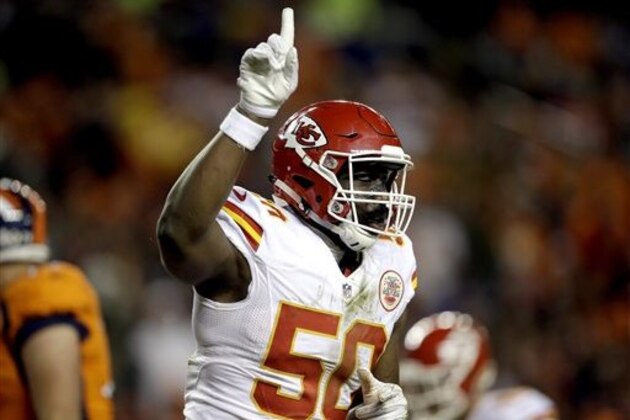Kansas City Chiefs outside linebacker Justin Houston (50) celebrates his sack of Denver Broncos quarterback Trevor Siemian in the end zone for a safety during the first half of an NFL football game, Sunday, Nov. 27, 2016, in Denver. (AP Photo/Joe Mahoney)