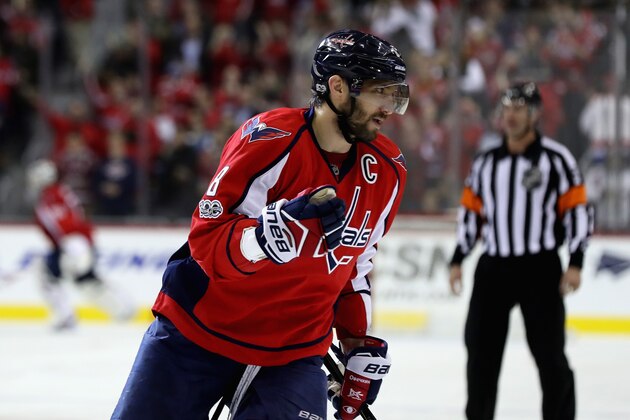 WASHINGTON, DC - JANUARY 11:  Alex Ovechkin #8 of the Washington Capitals celebrates after scoring a seocnd period goal against the Pittsburgh Penguins at Verizon Center on January 11, 2017 in Washington, DC.  (Photo by Rob Carr/Getty Images)