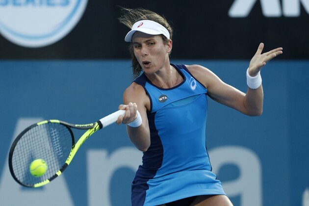 Johanna Konta of Britain hits a return to Agnieszka Radwanska of Poland in their women's singles final match at the Sydney International tennis tournament in Sydney on January 13, 2017. / AFP / GLENN NICHOLLS / IMAGE RESTRICTED TO EDITORIAL USE - STRICTLY NO COMMERCIAL USE (Photo credit should read GLENN NICHOLLS/AFP/Getty Images) Johanna Konta of Britain hits a return to Agnieszka Radwanska of Poland in their women's singles final match at the Sydney International tennis tournament in Sydney on January 13, 2017. / AFP / GLENN NICHOLLS / IMAGE RESTRICTED TO EDITORIAL USE - STRICTLY NO COMMERCIAL USE (Photo credit should read GLENN NICHOLLS/AFP/Getty Images)