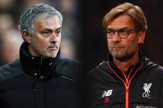 FILE PHOTO (EDITORS NOTE: GRADIENT ADDED - COMPOSITE OF TWO IMAGES - Image numbers (L) 630799888 and 619016290) In this composite image a comparision has been made between Jose Mourinho, Manager of Manchester United and Jurgen Klopp, Manager of Liverpool. Manchester United and Liverpool meet in a Premier League match on January 15,2017 at Old Trafford in Manchester.   ***LEFT IMAGE*** STRATFORD, ENGLAND - JANUARY 02: Jose Mourinho, Manager of Manchester United looks on during the Premier League match between West Ham United and Manchester United at London Stadium on January 2, 2017 in Stratford, England. (Photo by Ian Walton/Getty Images) ***RIGHT IMAGE*** LONDON, ENGLAND - OCTOBER 29: Jurgen Klopp, Manager of Liverpool looks on during the Premier League match between Crystal Palace and Liverpool at Selhurst Park on October 29, 2016 in London, England. (Photo by Ian Walton/Getty Images)