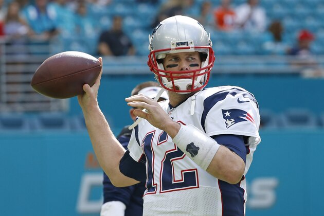 MIAMI GARDENS, FL - JANUARY 1: Tom Brady #12 of the New England Patriots warms up prior to the game against the Miami Dolphins on January 1, 2017 at Hard Rock Stadium in Miami Gardens, Florida. The Patriots defeated the Dolphins 35-14. (Photo by Joel Auerbach/Getty Images)