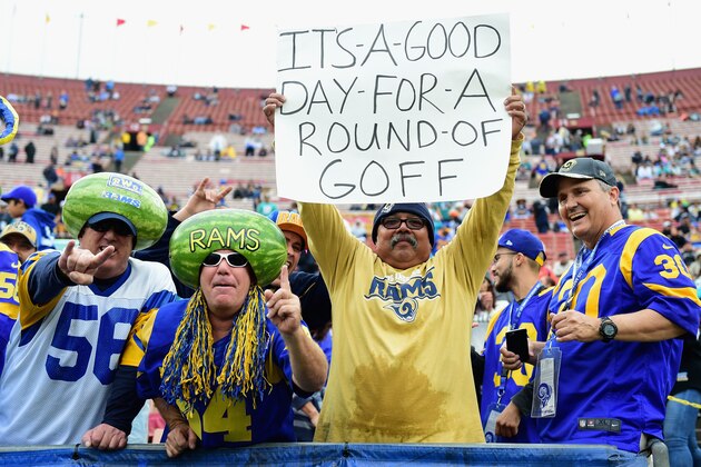 LOS ANGELES, CA - NOVEMBER 20:  Fans cheer and hold a sign for quarterback Jared Goff #16 of the Los Angeles Rams before the game against the Miami Dolphins at Los Angeles Coliseum on November 20, 2016 in Los Angeles, California.  (Photo by Harry How/Getty Images)