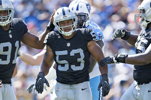 NASHVILLE, TN - SEPTEMBER 25:  Malcolm Smith #53 of the Oakland Raiders celebrates after sacking the quarterback during a game against the Tennessee Titans at Nissan Stadium on September 25, 2016 in Nashville, Tennessee.  The Raiders defeated the Titans 17-10.  (Photo by Wesley Hitt/Getty Images)