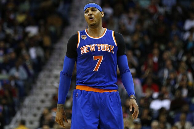 NEW ORLEANS, LA - DECEMBER 30:  Carmelo Anthony #7 of the New York Knicks reacts during a game against the New Orleans Pelicans at the Smoothie King Center on December 30, 2016 in New Orleans, Louisiana. NOTE TO USER: User expressly acknowledges and agrees that, by downloading and or using this photograph, User is consenting to the terms and conditions of the Getty Images License Agreement.  (Photo by Jonathan Bachman/Getty Images)