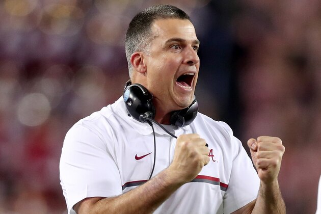 TAMPA, FL - JANUARY 09:  Assistant Head Coach/Tackles and Tight Ends/Recruiting Coordinator Mario Cristobal of the Alabama Crimson Tide cheers in the first half while taking on the Clemson Tigers in the 2017 College Football Playoff National Championship Game at Raymond James Stadium on January 9, 2017 in Tampa, Florida.  (Photo by Tom Pennington/Getty Images)