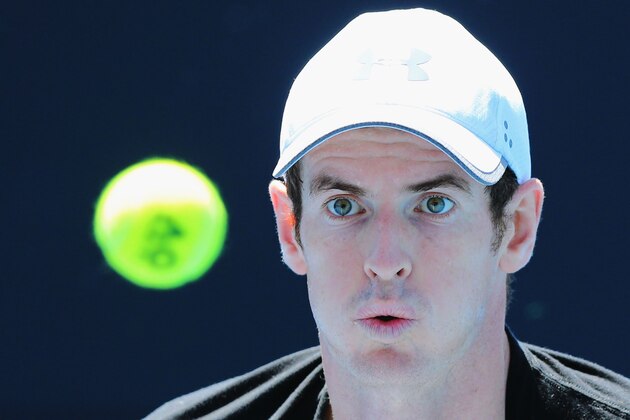 MELBOURNE, AUSTRALIA - JANUARY 12:  Andy Murray of Great Britain looks at the ball before hitting it during a practice session ahead of the 2017 Australian Open at Melbourne Park on January 12, 2017 in Melbourne, Australia.  (Photo by Michael Dodge/Getty Images)