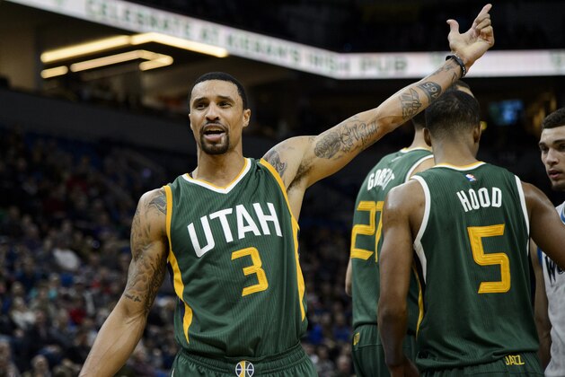 MINNEAPOLIS, MN - JANUARY 07: George Hill #3 of the Utah Jazz reacts to a call during the game against the Minnesota Timberwolves on January 7, 2017 at the Target Center in Minneapolis, Minnesota. NOTE TO USER: User expressly acknowledges and agrees that, by downloading and or using this Photograph, user is consenting to the terms and conditions of the Getty Images License Agreement. (Photo by Hannah Foslien/Getty Images)