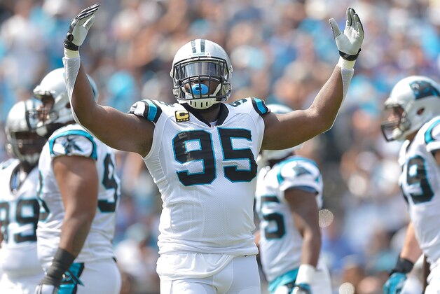 CHARLOTTE, NC - SEPTEMBER 25:  Charles Johnson #95 of the Carolina Panthers against the Minnesota Vikings during the game at Bank of America Stadium on September 25, 2016 in Charlotte, North Carolina. The Vikings won 22-10.  (Photo by Grant Halverson/Getty Images)