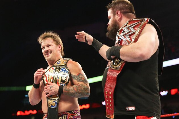 Chris Jericho celebrating his U.S. title win with Kevin Owens.