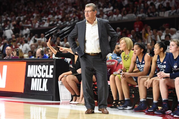 COLLEGE PARK, MD - DECEMBER 29:  Head coach Geno Auriemma of the Connecticut Huskies looks on during a women's college basketball game against the Maryland Terrapins at the XFinity Center on December 29, 2016 in College Park, Maryland.  The Huskies won 87-81.  (Photo by Mitchell Layton/Getty Images)