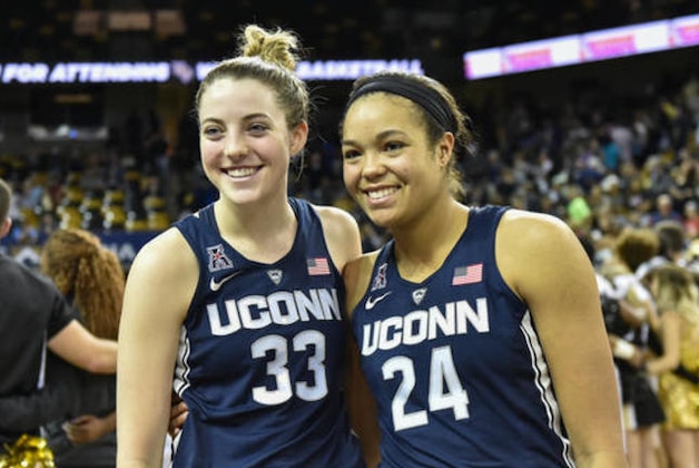 Connecticut's Katie Lou Samuelson (33) and forward Napheesa Collier (24) wait to speak to the media following an NCAA college basketball game, Sunday, Jan. 1, 2017, in Orlando, Fla. Connecticut defeated UCF 84-48. (AP Photo/Roy K. Miller)