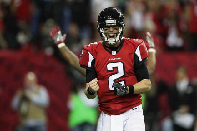 ATLANTA, GA - JANUARY 14:  Matt Ryan #2 of the Atlanta Falcons celebrates after scoring a touchdown against the Seattle Seahawks at the Georgia Dome on January 14, 2017 in Atlanta, Georgia.  (Photo by Streeter Lecka/Getty Images)