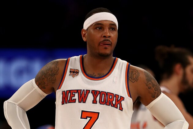 NEW YORK, NY - JANUARY 02:  Carmelo Anthony #7 of the New York Knicks reacts during a time out in the second half against the Orlando Magic at Madison Square Garden on January 2, 2017 in New York City. NOTE TO USER: User expressly acknowledges and agrees that, by downloading and or using this Photograph, user is consenting to the terms and conditions of the Getty Images License Agreement  (Photo by Elsa/Getty Images)