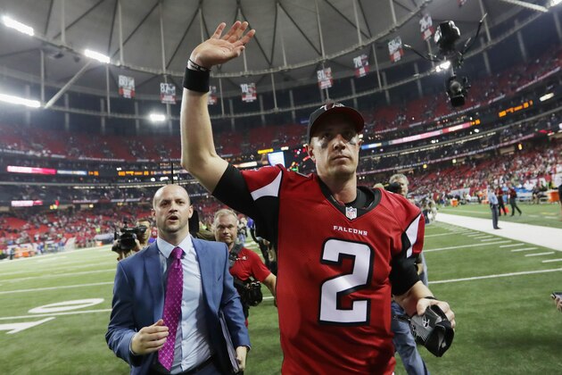 ATLANTA, GA - JANUARY 14:  Matt Ryan #2 of the Atlanta Falcons reacts after beatting the Seattle Seahawks  at the Georgia Dome on January 14, 2017 in Atlanta, Georgia.  (Photo by Streeter Lecka/Getty Images)