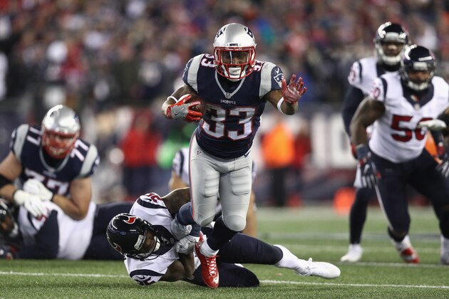 FOXBORO, MA - JANUARY 14:  Dion Lewis #33 of the New England Patriots is tackled in the second half against the Houston Texans during the AFC Divisional Playoff Game at Gillette Stadium on January 14, 2017 in Foxboro, Massachusetts.  (Photo by Maddie Meyer/Getty Images)