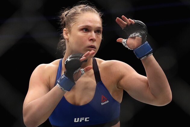 LAS VEGAS, NV - DECEMBER 30:   Ronda Rousey faces off against Amanda Nunes of Brazil (not pictured) in their UFC women's bantamweight championship bout during the UFC 207 event at T-Mobile Arena on December 30, 2016 in Las Vegas, Nevada.  (Photo by Christian Petersen/Getty Images)