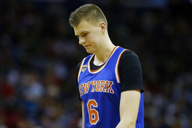 NEW ORLEANS, LA - DECEMBER 30:  Kristaps Porzingis #6 of the New York Knicks reacts during a game against the New Orleans Pelicans at the Smoothie King Center on December 30, 2016 in New Orleans, Louisiana. NOTE TO USER: User expressly acknowledges and agrees that, by downloading and or using this photograph, User is consenting to the terms and conditions of the Getty Images License Agreement.  (Photo by Jonathan Bachman/Getty Images)