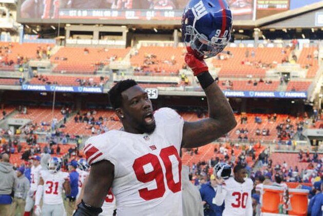New York Giants defensive end Jason Pierre-Paul reacts after an NFL football game against the Cleveland Browns, Sunday, Nov. 27, 2016, in Cleveland. (AP Photo/Ron Schwane)