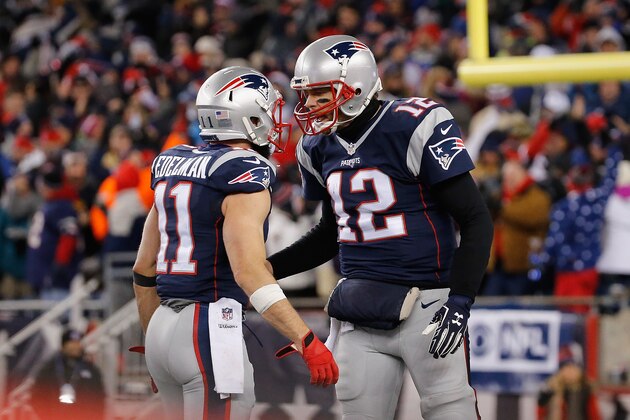 FOXBORO, MA - JANUARY 14: Julian Edelman #11 talks to Tom Brady #12 of the New England Patriots in the second half against the Houston Texans during the AFC Divisional Playoff Game at Gillette Stadium on January 14, 2017 in Foxboro, Massachusetts.  (Photo by Jim Rogash/Getty Images)