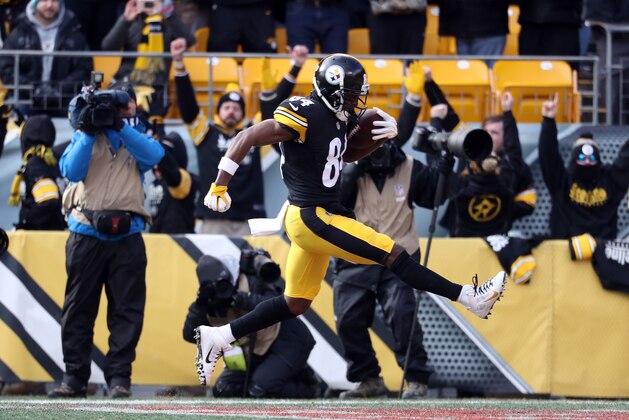 PITTSBURGH, PA - JANUARY 08:  Antonio Brown #84 of the Pittsburgh Steelers celebrates after scoring a touchdown during the first quarter against the Miami Dolphins in the AFC Wild Card game at Heinz Field on January 8, 2017 in Pittsburgh, Pennsylvania.  (Photo by Rob Carr/Getty Images)