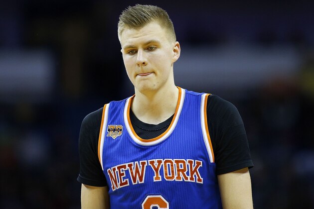 NEW ORLEANS, LA - DECEMBER 30:  Kristaps Porzingis #6 of the New York Knicks reacts during a game against the New Orleans Pelicans at the Smoothie King Center on December 30, 2016 in New Orleans, Louisiana. NOTE TO USER: User expressly acknowledges and agrees that, by downloading and or using this photograph, User is consenting to the terms and conditions of the Getty Images License Agreement.  (Photo by Jonathan Bachman/Getty Images)