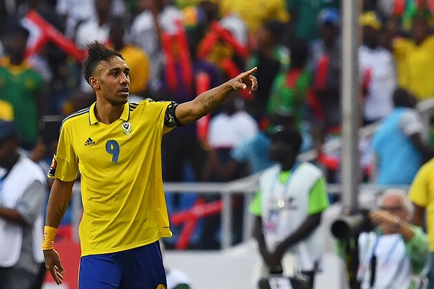 Gabon's forward Pierre-Emerick Aubameyang celebrates after scoring a goal during the 2017 Africa Cup of Nations group A football match between Gabon and Guinea-Bissau at the Stade de l'Amitie Sino-Gabonaise in Libreville on January 14, 2017. / AFP / GABRIEL BOUYS        (Photo credit should read GABRIEL BOUYS/AFP/Getty Images)