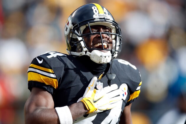 PITTSBURGH, PA - JANUARY 08:  Antonio Brown #84 of the Pittsburgh Steelers celebrates after scoring his second touchdown during the first quarter against the Miami Dolphins in the AFC Wild Card game at Heinz Field on January 8, 2017 in Pittsburgh, Pennsylvania.  (Photo by Gregory Shamus/Getty Images)