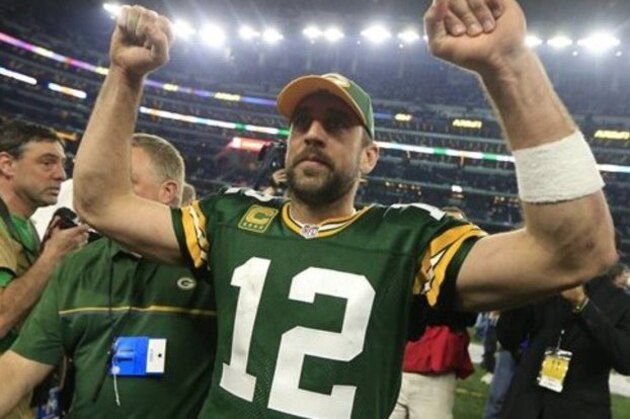 Green Bay Packers' Aaron Rodgers after an NFL divisional playoff football game against the Dallas Cowboys Sunday, Jan. 15, 2017, in Arlington, Texas. The Packers won 34-31. (AP Photo/Ron Jenkins)
