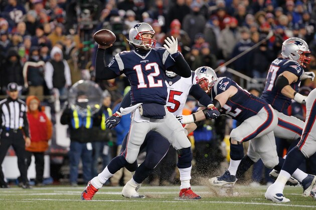 FOXBORO, MA - JANUARY 14: Tom Brady #12 of the New England Patriots looks to pass in the second half against the Houston Texans during the AFC Divisional Playoff Game at Gillette Stadium on January 14, 2017 in Foxboro, Massachusetts.  (Photo by Jim Rogash/Getty Images)