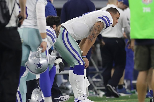 ARLINGTON, TX - JANUARY 15:  Dak Prescott #4 of the Dallas Cowboys reacts after losing to the Green Bay Packers in the NFC Divisional Playoff game at AT&T Stadium on January 15, 2017 in Arlington, Texas.  (Photo by Ronald Martinez/Getty Images)