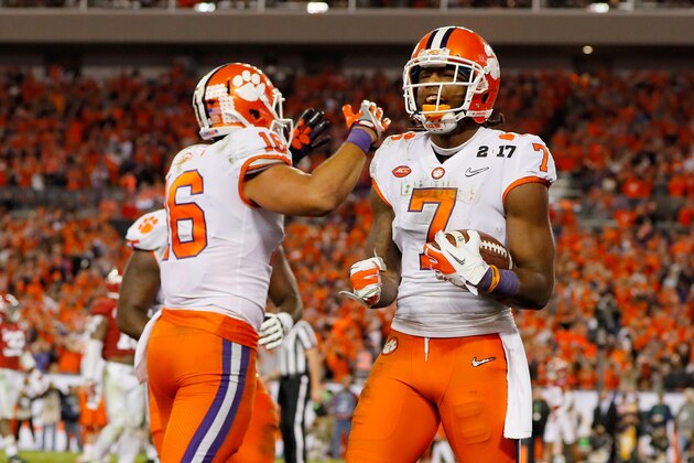 TAMPA, FL - JANUARY 09:  Wide receiver Mike Williams #7 of the Clemson Tigers celebrates with tight end Jordan Leggett #16 after scoring a 4-yard touchdown during the fourth quarter against the Alabama Crimson Tide in the 2017 College Football Playoff National Championship Game at Raymond James Stadium on January 9, 2017 in Tampa, Florida.  (Photo by Kevin C. Cox/Getty Images)