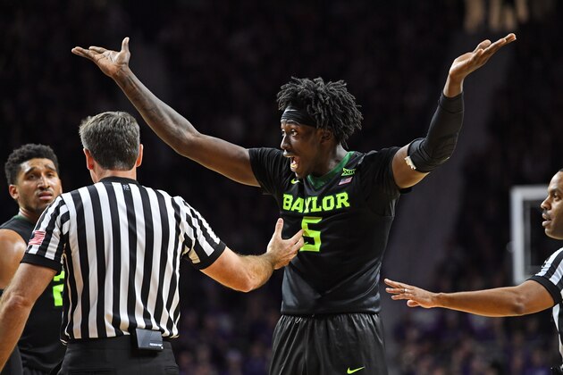 MANHATTAN, KS - JANUARY 14:  Forward Johnathan Motley #5 of the Baylor Bears reacts after picking up his fifth foul during the second half against the Kansas State Wildcats on January 14, 2017 at Bramlage Coliseum in Manhattan, Kansas.  (Photo by Peter G. Aiken/Getty Images)