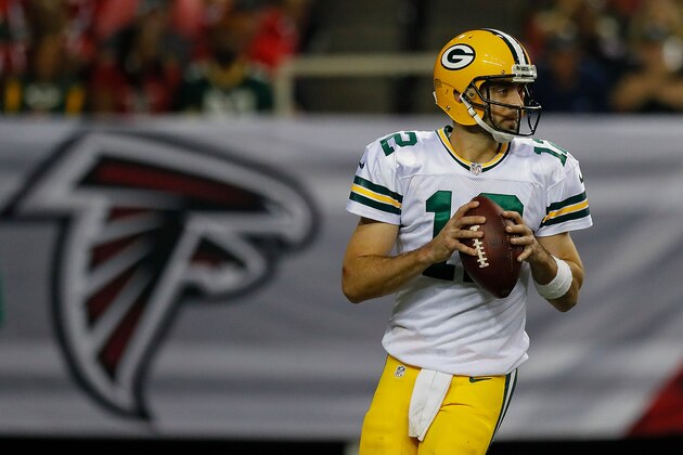 ATLANTA, GA - OCTOBER 30:  Aaron Rodgers #12 of the Green Bay Packers looks to pass against the Atlanta Falcons at Georgia Dome on October 30, 2016 in Atlanta, Georgia.  (Photo by Kevin C. Cox/Getty Images)