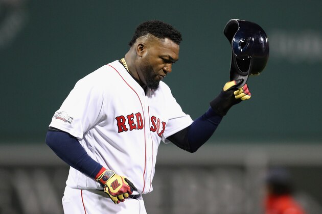 BOSTON, MA - OCTOBER 10:  David Ortiz #34 of the Boston Red Sox reacts after the second inning against the Cleveland Indians during game three of the American League Divison Series at Fenway Park on October 10, 2016 in Boston, Massachusetts.  (Photo by Maddie Meyer/Getty Images)